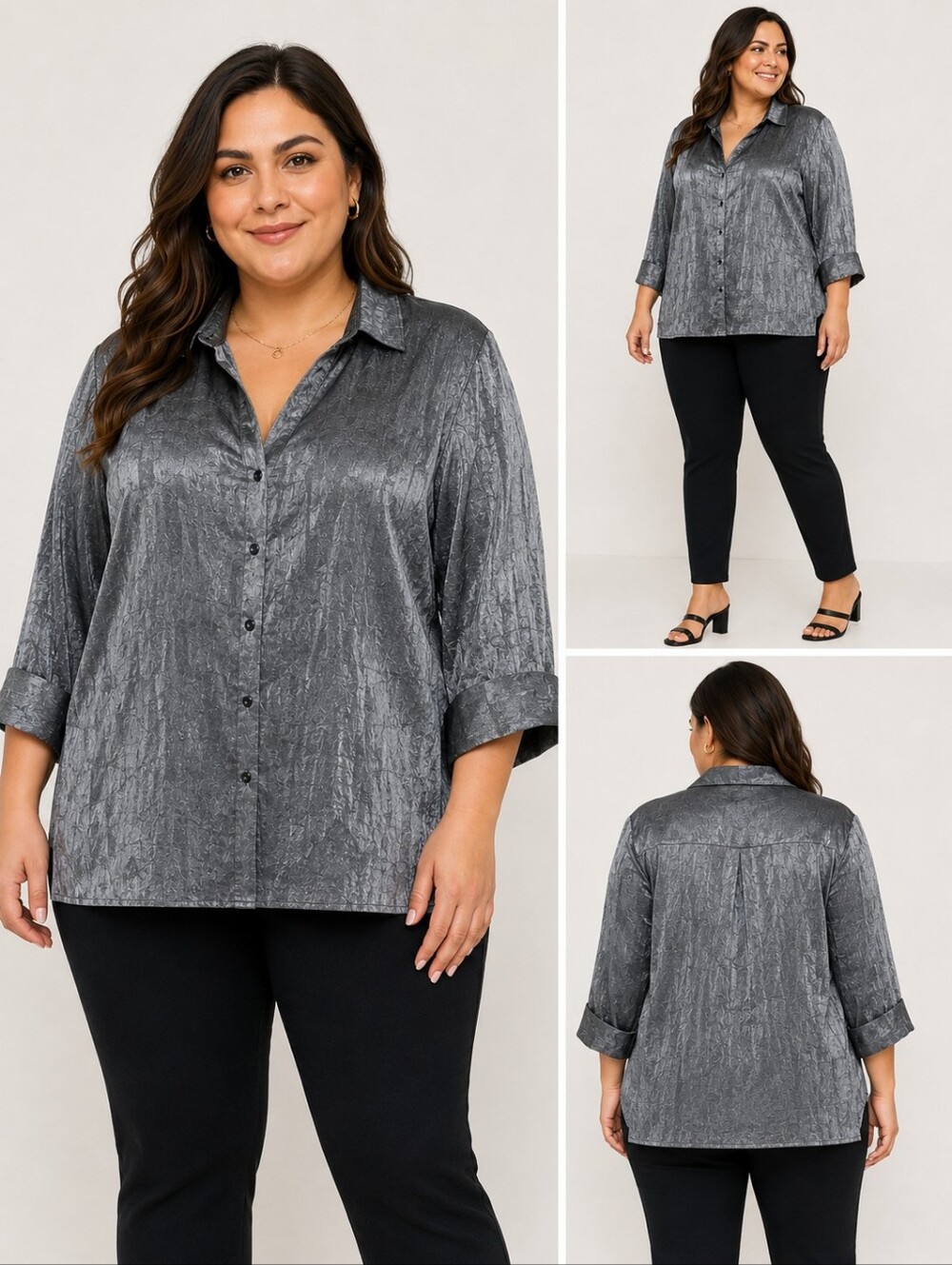 Sara Michelle Metallic Charcoal Button Front Blouse Women's XL 3/4 Sleeve